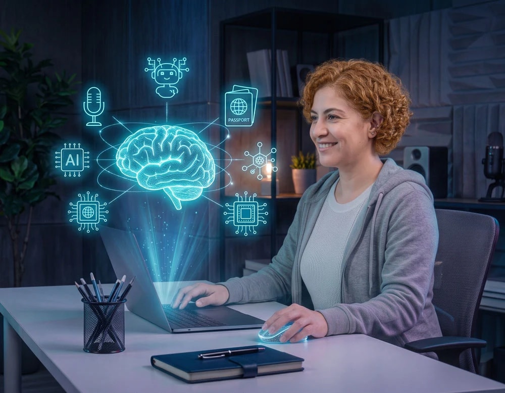 Alumna en su escritorio, con el portátil proyectando un holograma de un cerebro rodeado de íconos de tecnología